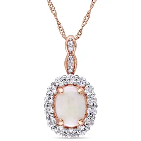 1 1/2 CT TGW Oval Shape Opal, White Topaz and Diamond Accent Vintage Pendant With Chain in 14K Rose Gold