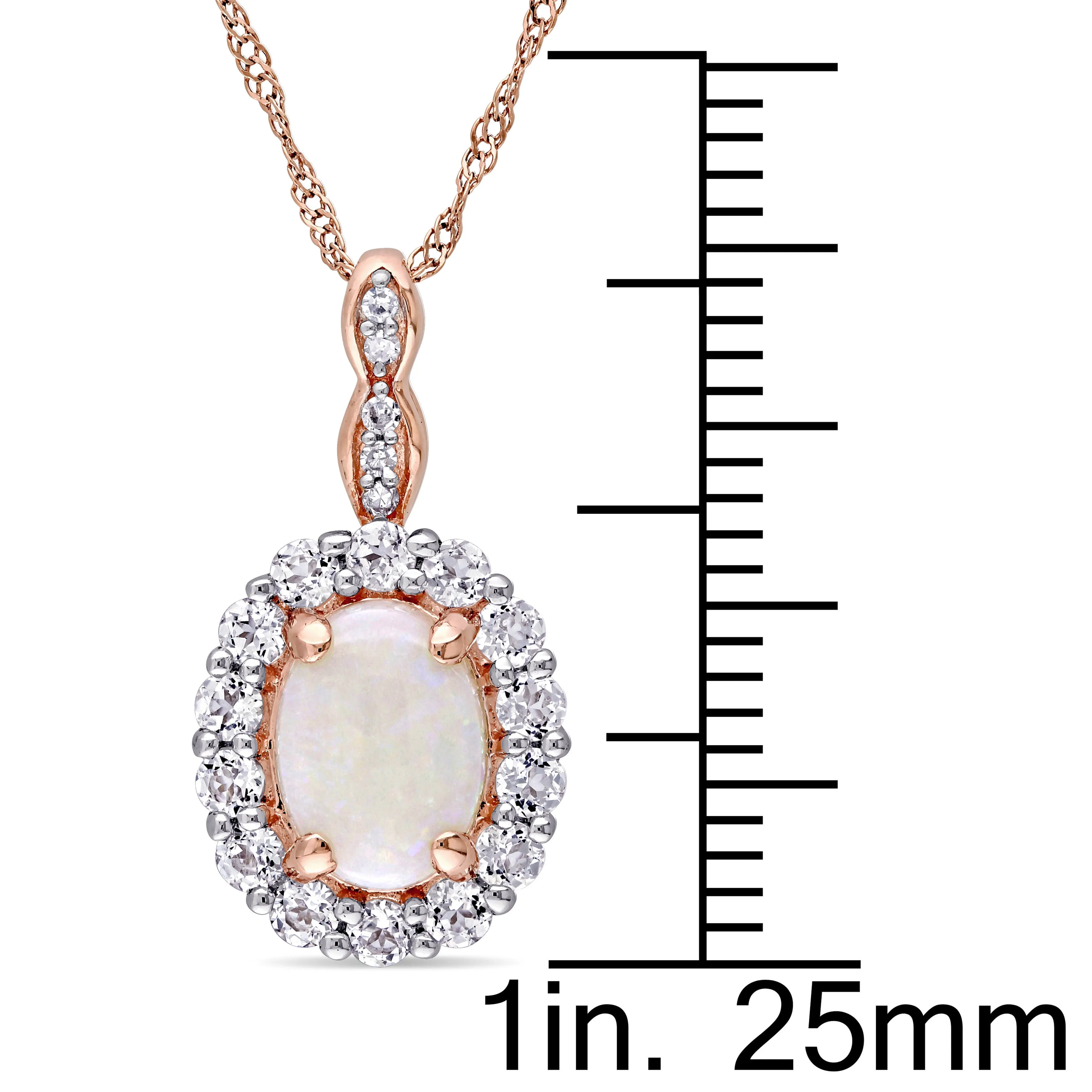 1 1/2 CT TGW Oval Shape Opal, White Topaz and Diamond Accent Vintage Pendant With Chain in 14K Rose Gold