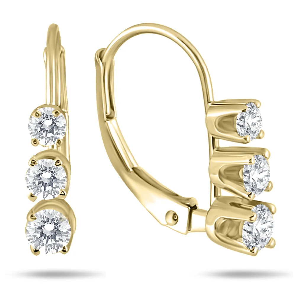 1/2 Carat Tw Three Stone Drop Earrings In 10K Yellow Gold