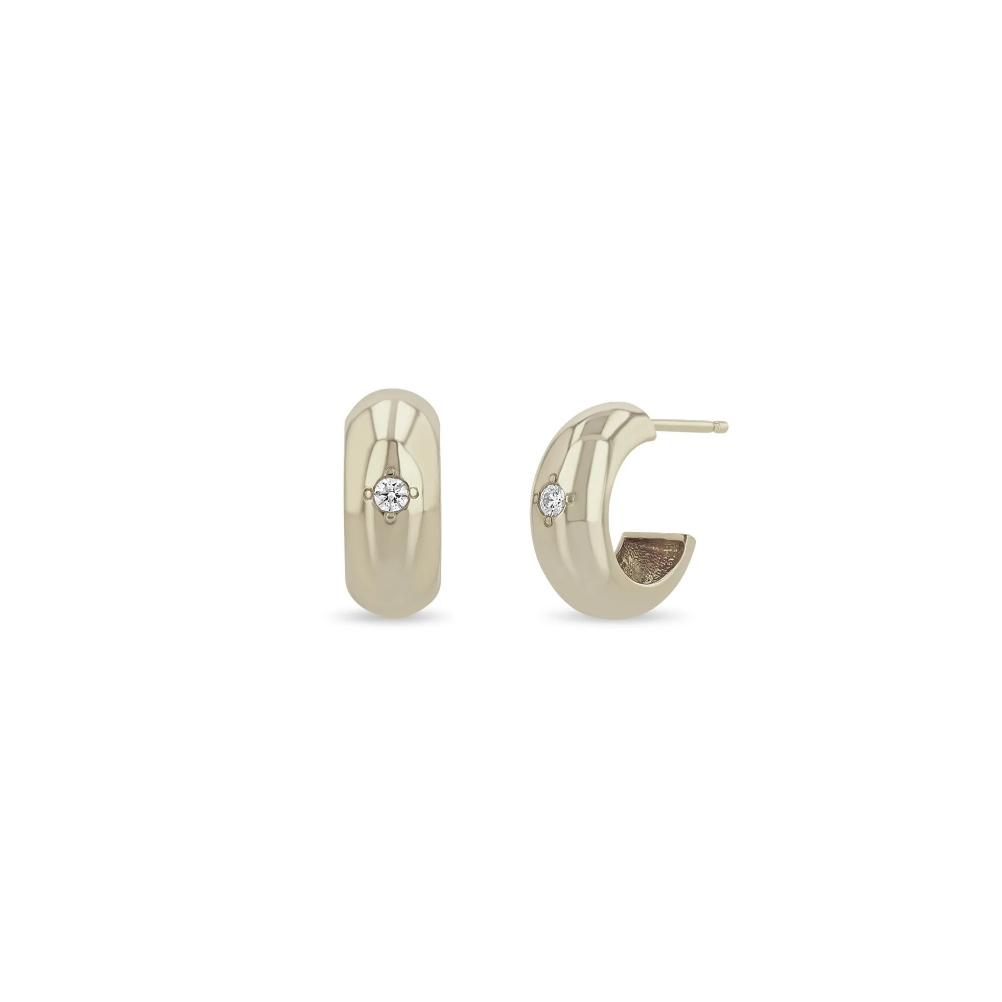 14k Wide Chubby Huggie Hoops with Bead Set Diamond