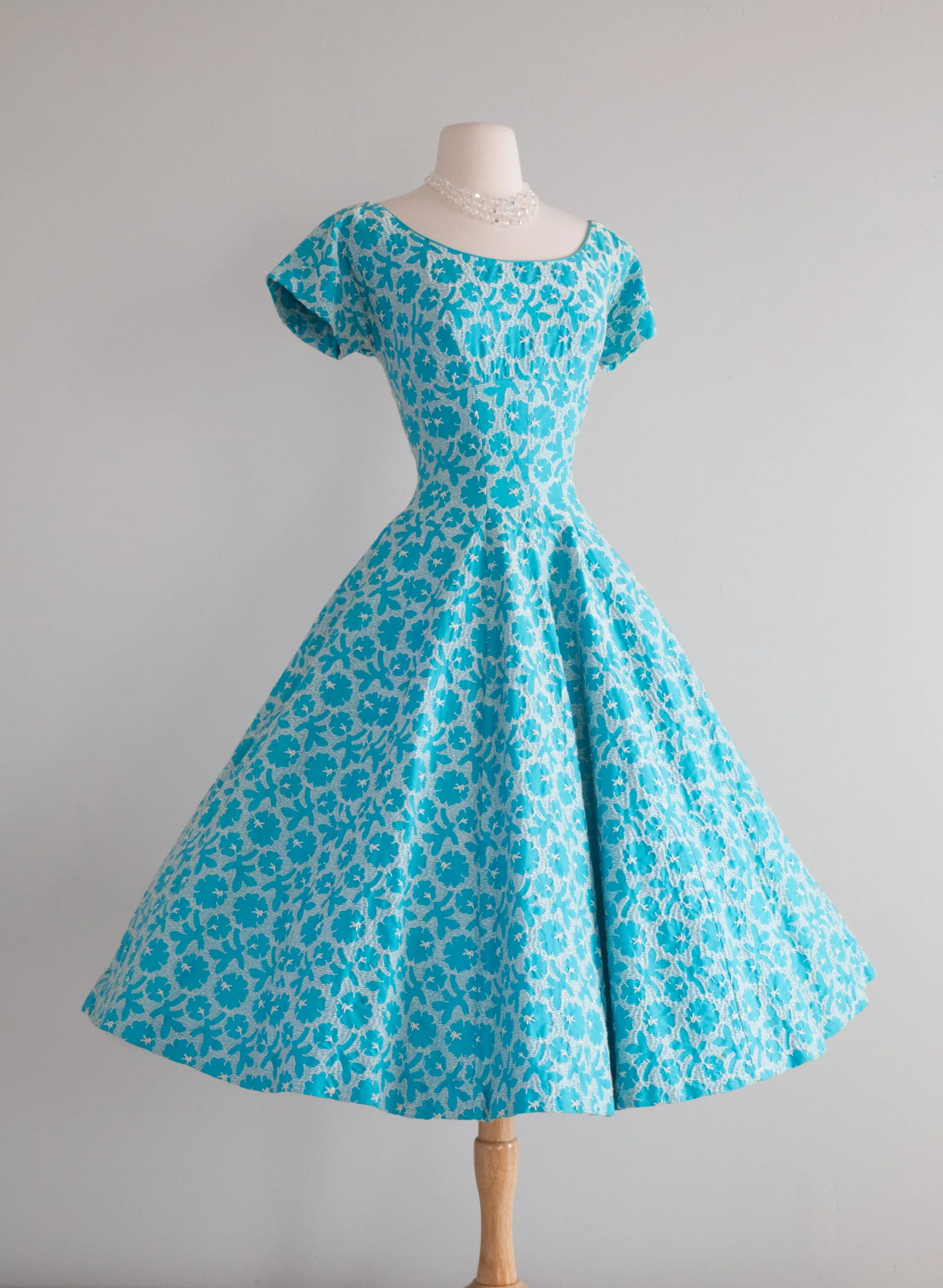 1950's Embroidered Turquoise Cotton Dream Dress / Waist 26