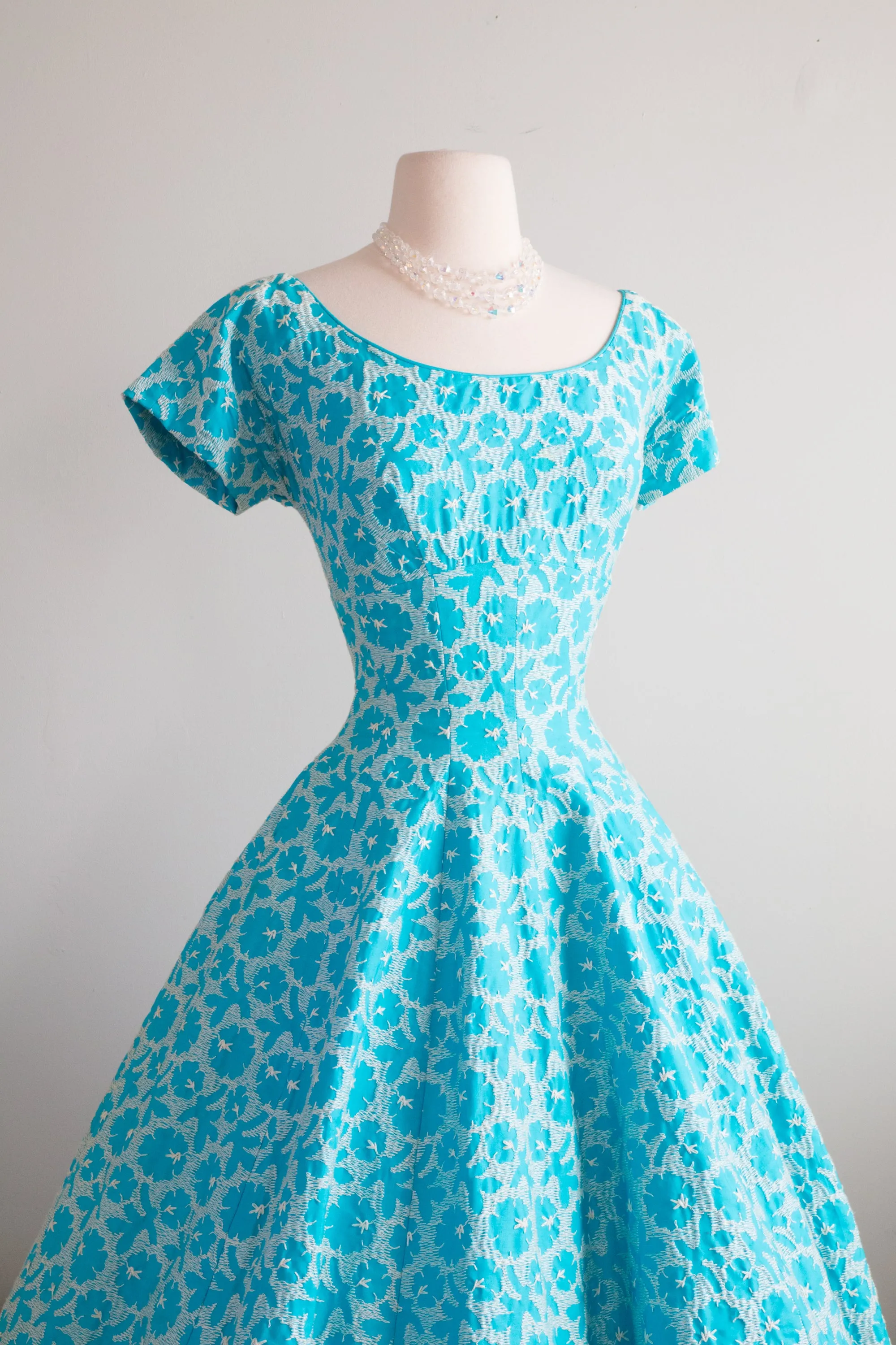 1950's Embroidered Turquoise Cotton Dream Dress / Waist 26