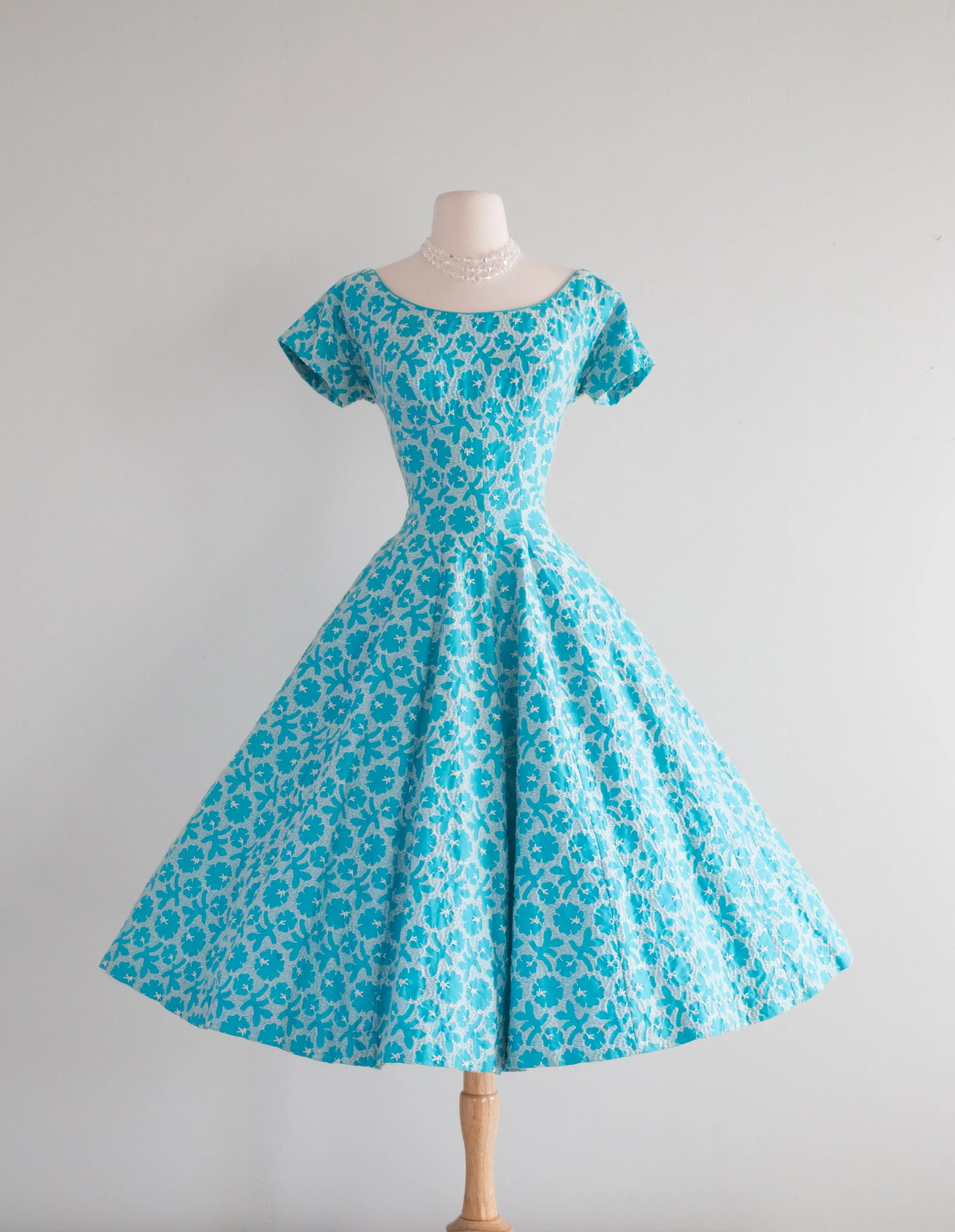 1950's Embroidered Turquoise Cotton Dream Dress / Waist 26