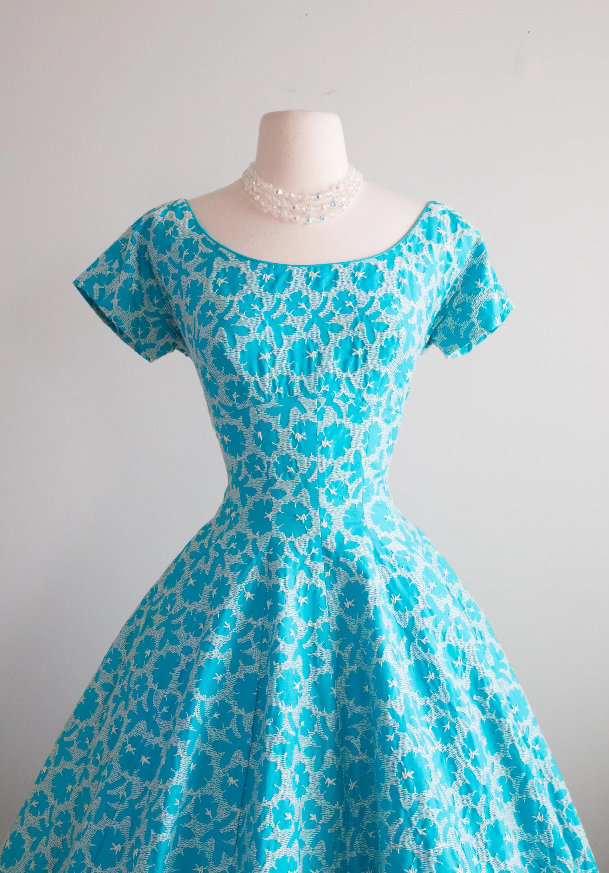 1950's Embroidered Turquoise Cotton Dream Dress / Waist 26