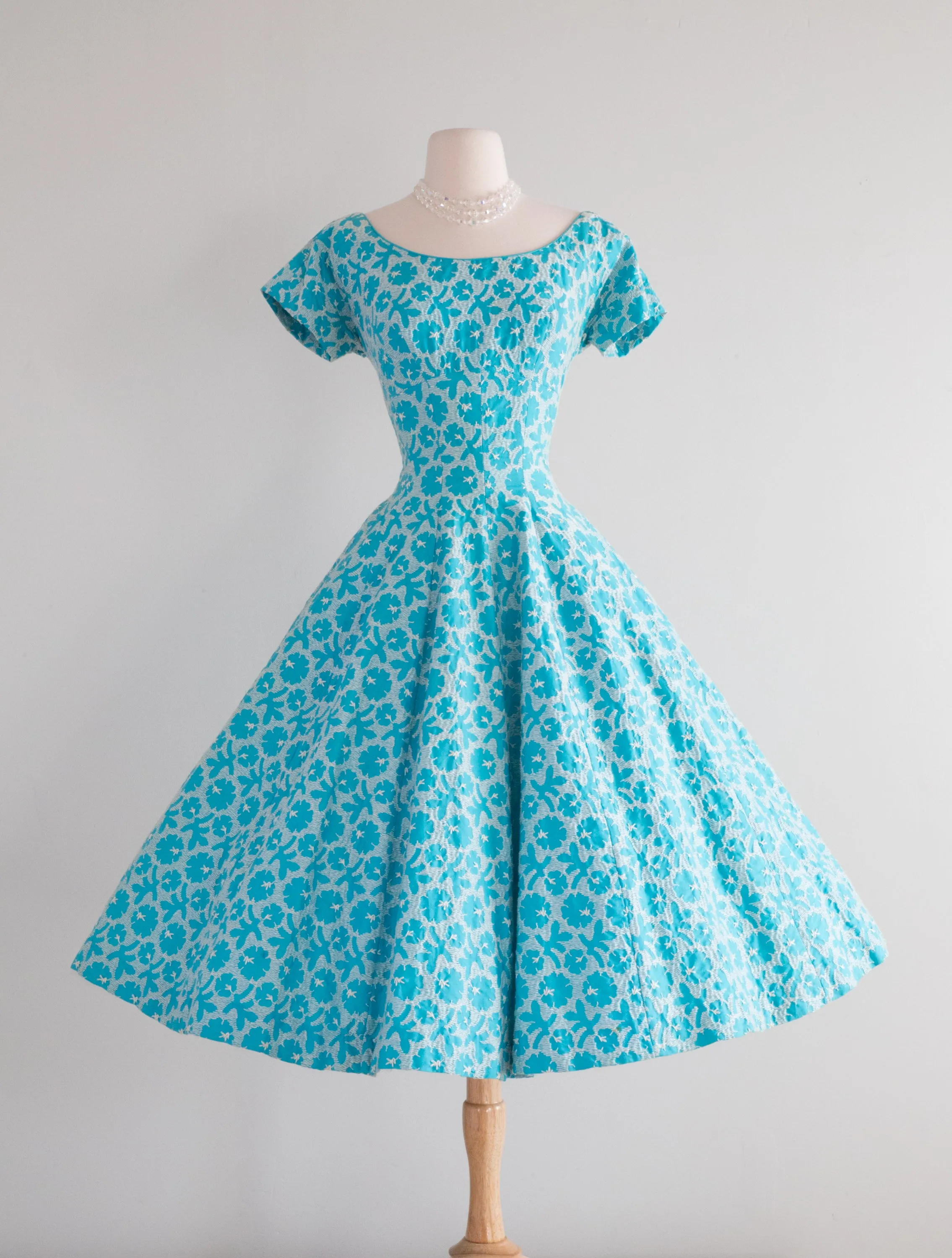 1950's Embroidered Turquoise Cotton Dream Dress / Waist 26