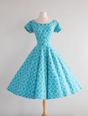 1950's Embroidered Turquoise Cotton Dream Dress / Waist 26