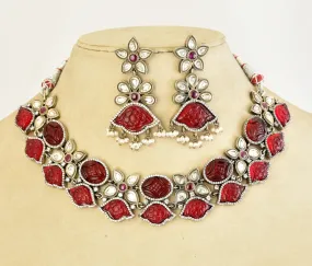 21A123 Red Stone and Kundan Necklace Set with Earrings