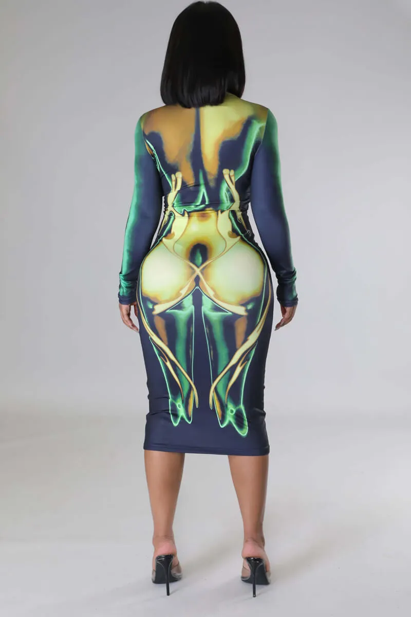 3D Body Print Bodycon Midi Dress Long Sleeve