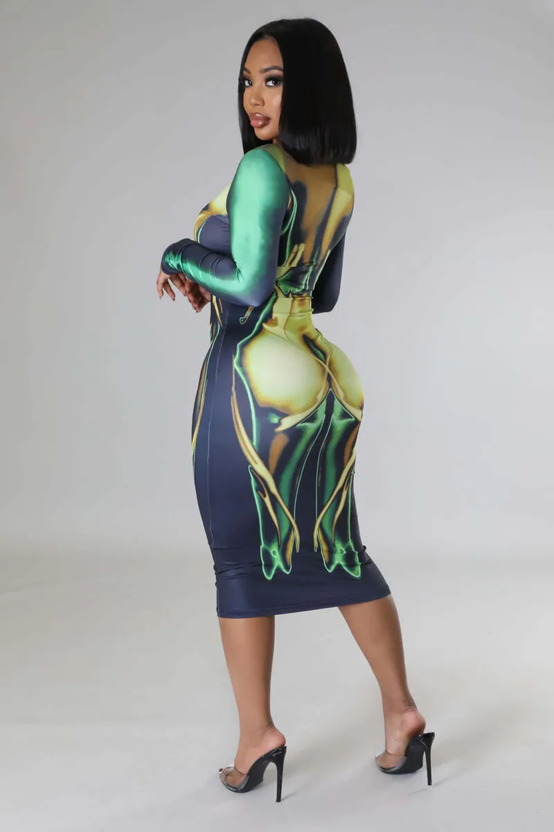 3D Body Print Bodycon Midi Dress Long Sleeve