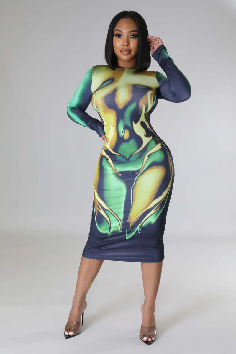 3D Body Print Bodycon Midi Dress Long Sleeve