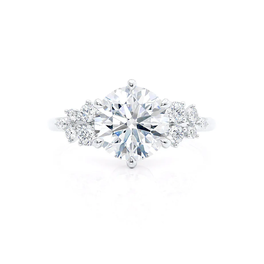 ALYA - Round Moissanite Starburst Cluster Shoulder Set Engagement Ring 18k White Gold