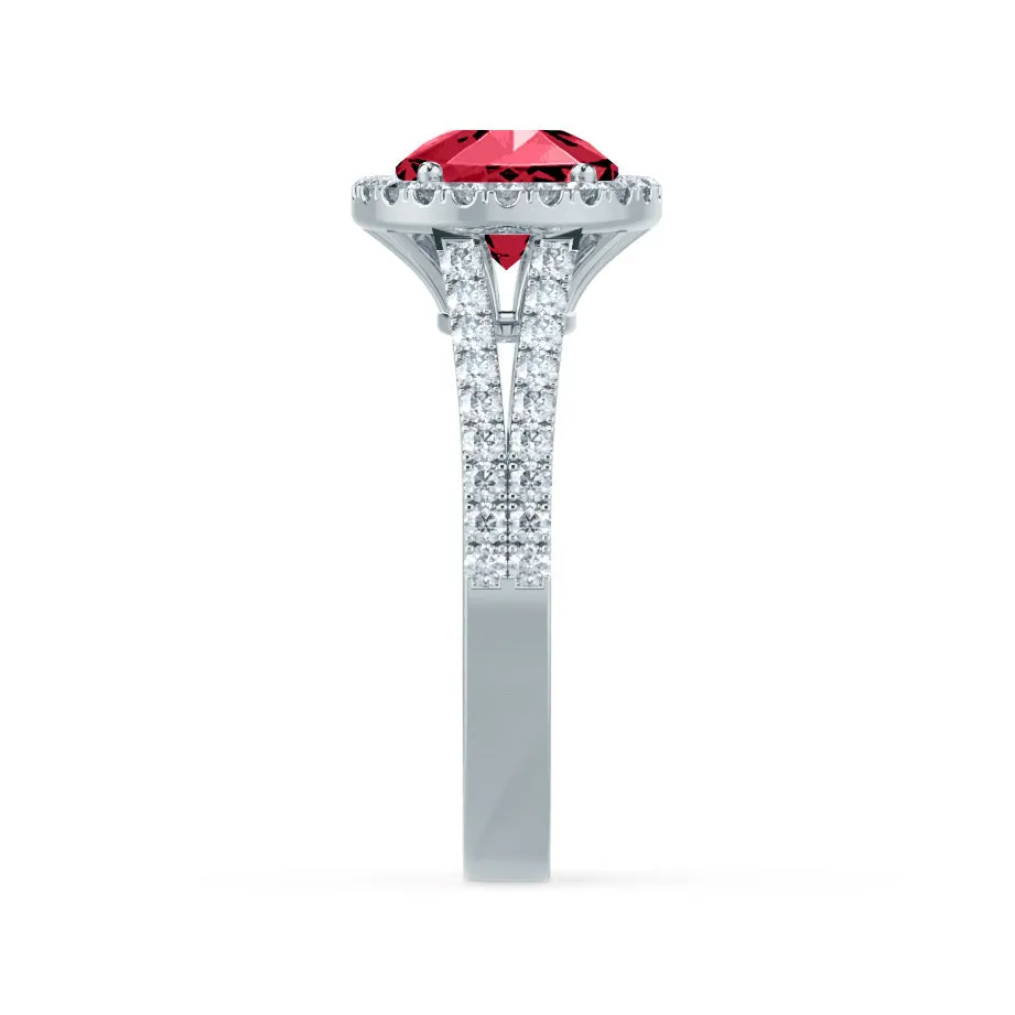 AMELIA - Chatham® Lab Grown Red Ruby & Diamond Platinum Halo Ring