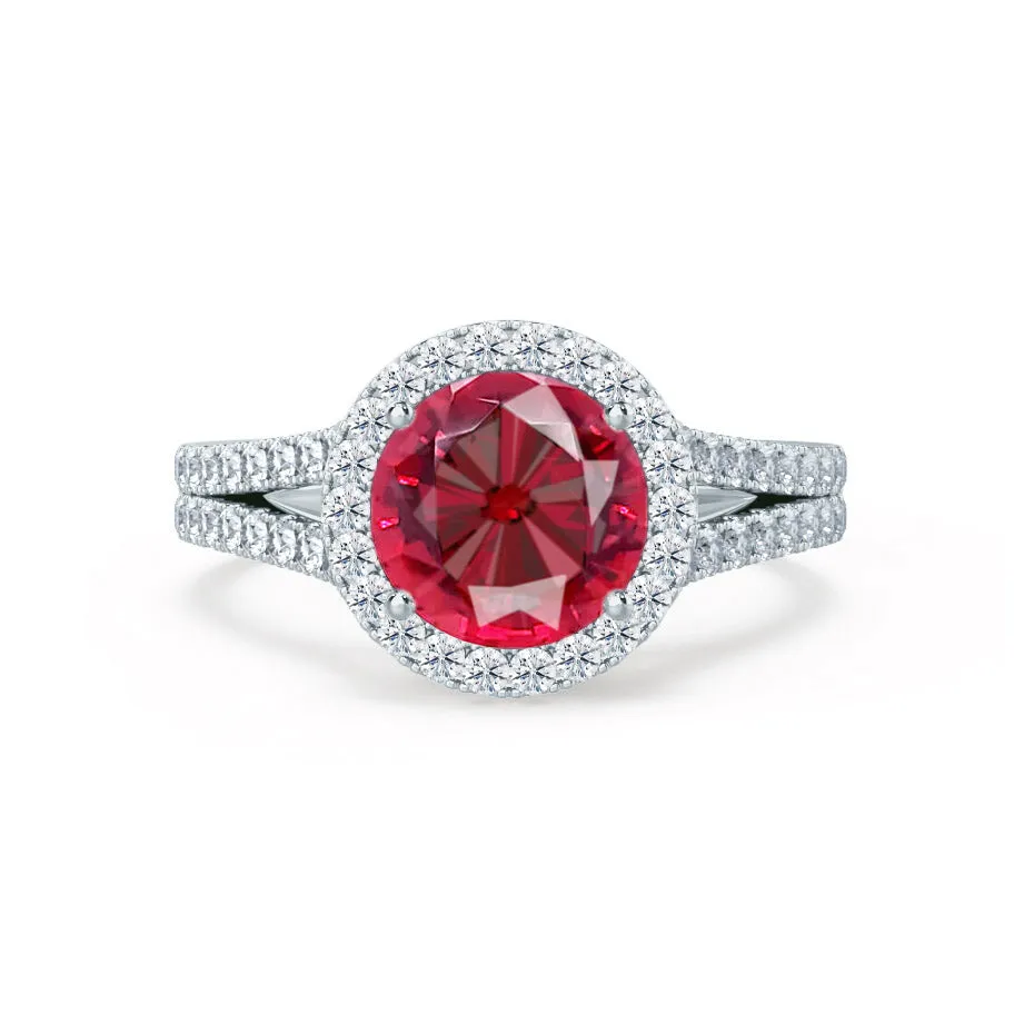 AMELIA - Chatham® Lab Grown Red Ruby & Diamond Platinum Halo Ring