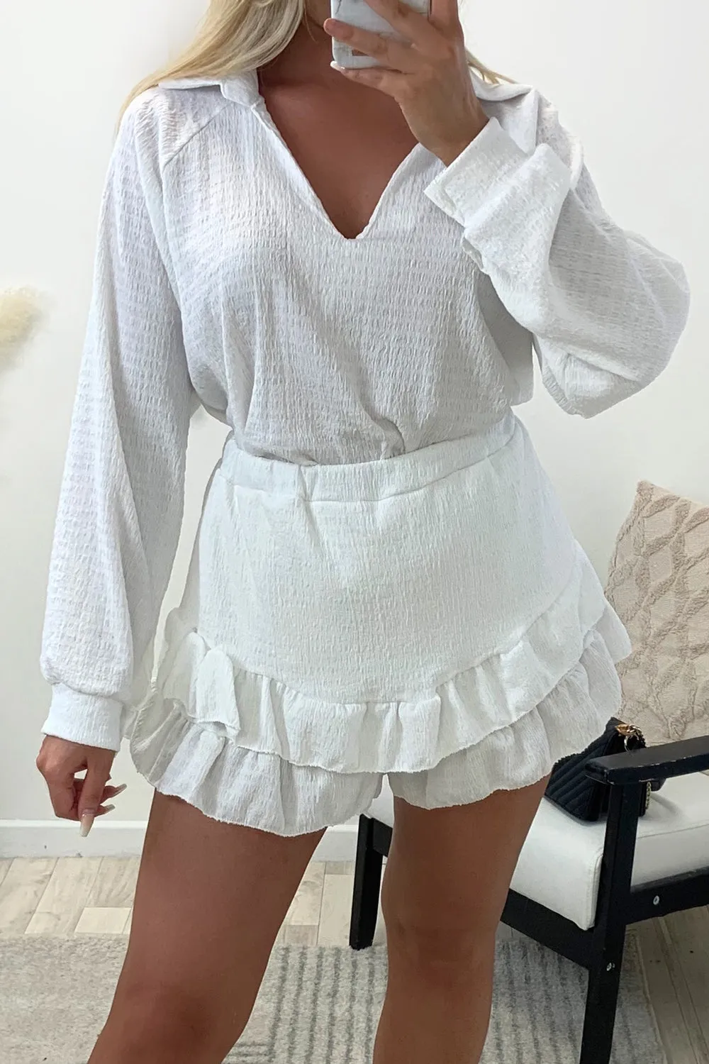 Asha White Textured Oversized Top and Frill Shorts Co-Ord Set