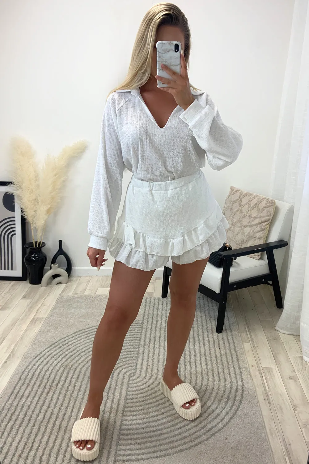 Asha White Textured Oversized Top and Frill Shorts Co-Ord Set