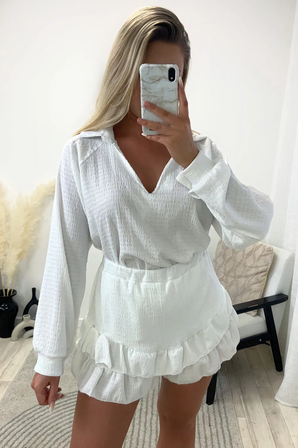 Asha White Textured Oversized Top and Frill Shorts Co-Ord Set