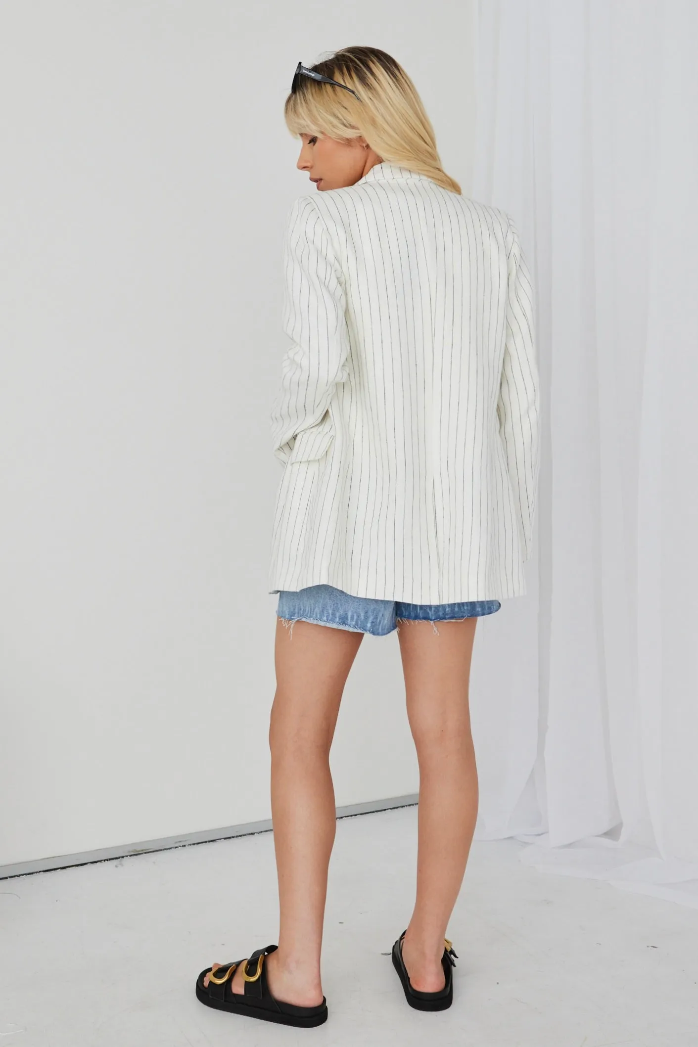 Aster White Pinstripe Linen Single Breasted Longline Blazer