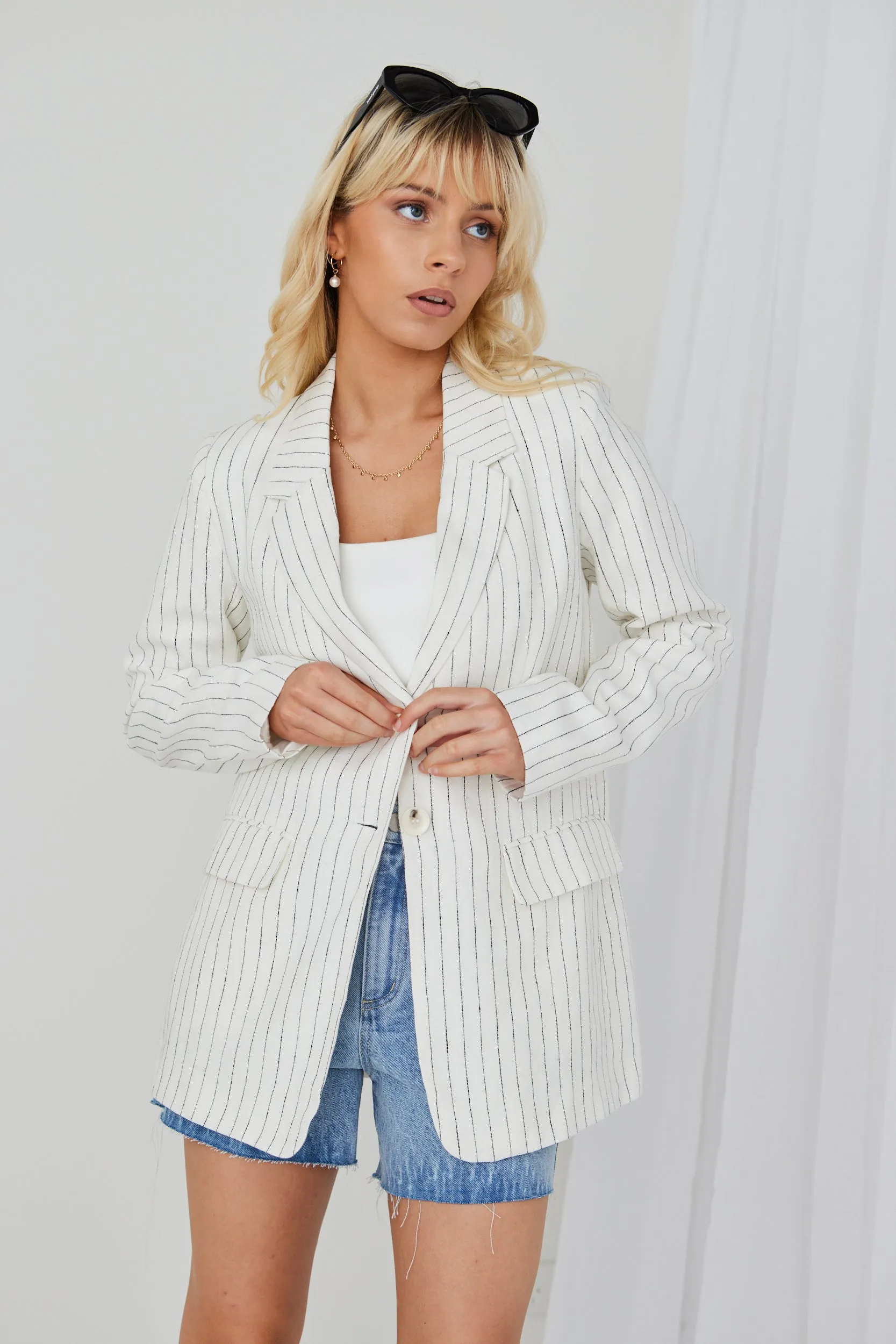 Aster White Pinstripe Linen Single Breasted Longline Blazer