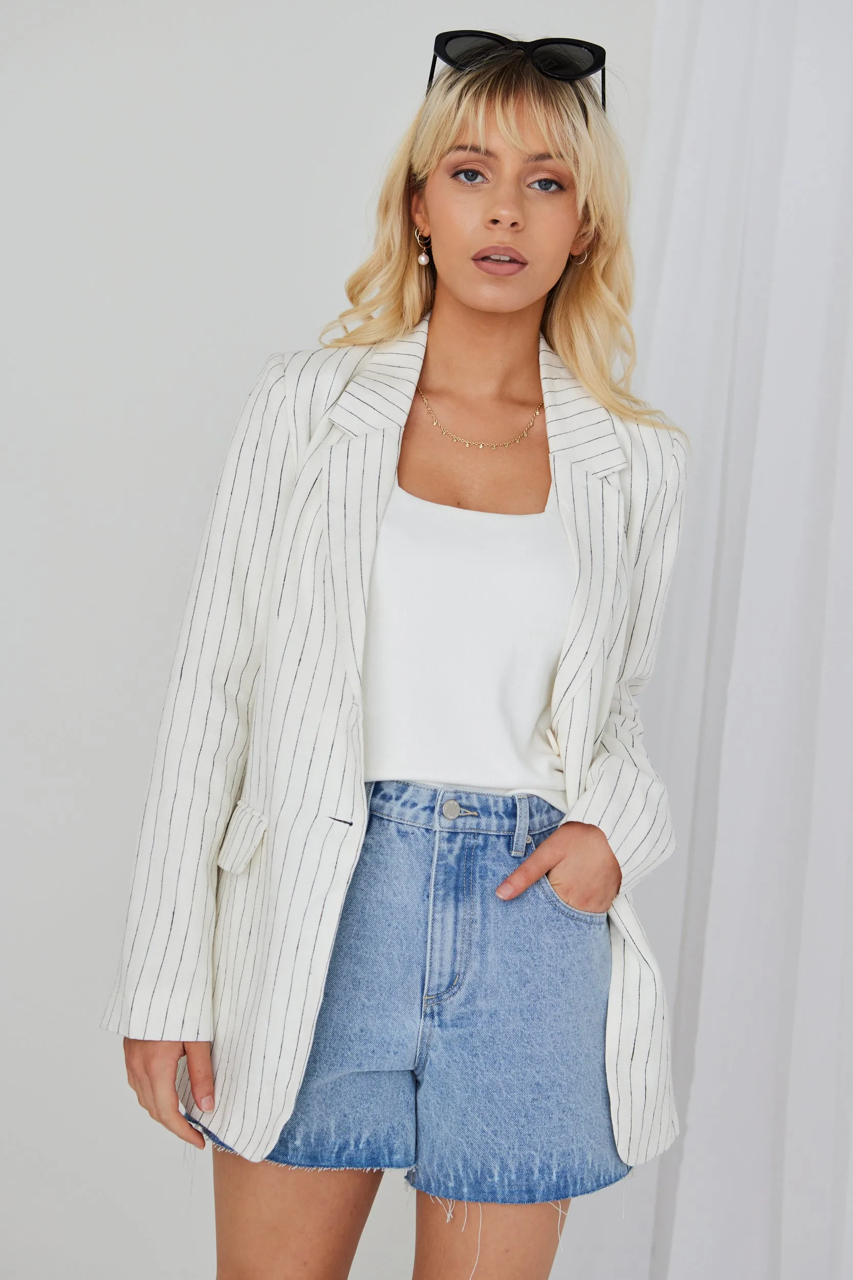 Aster White Pinstripe Linen Single Breasted Longline Blazer