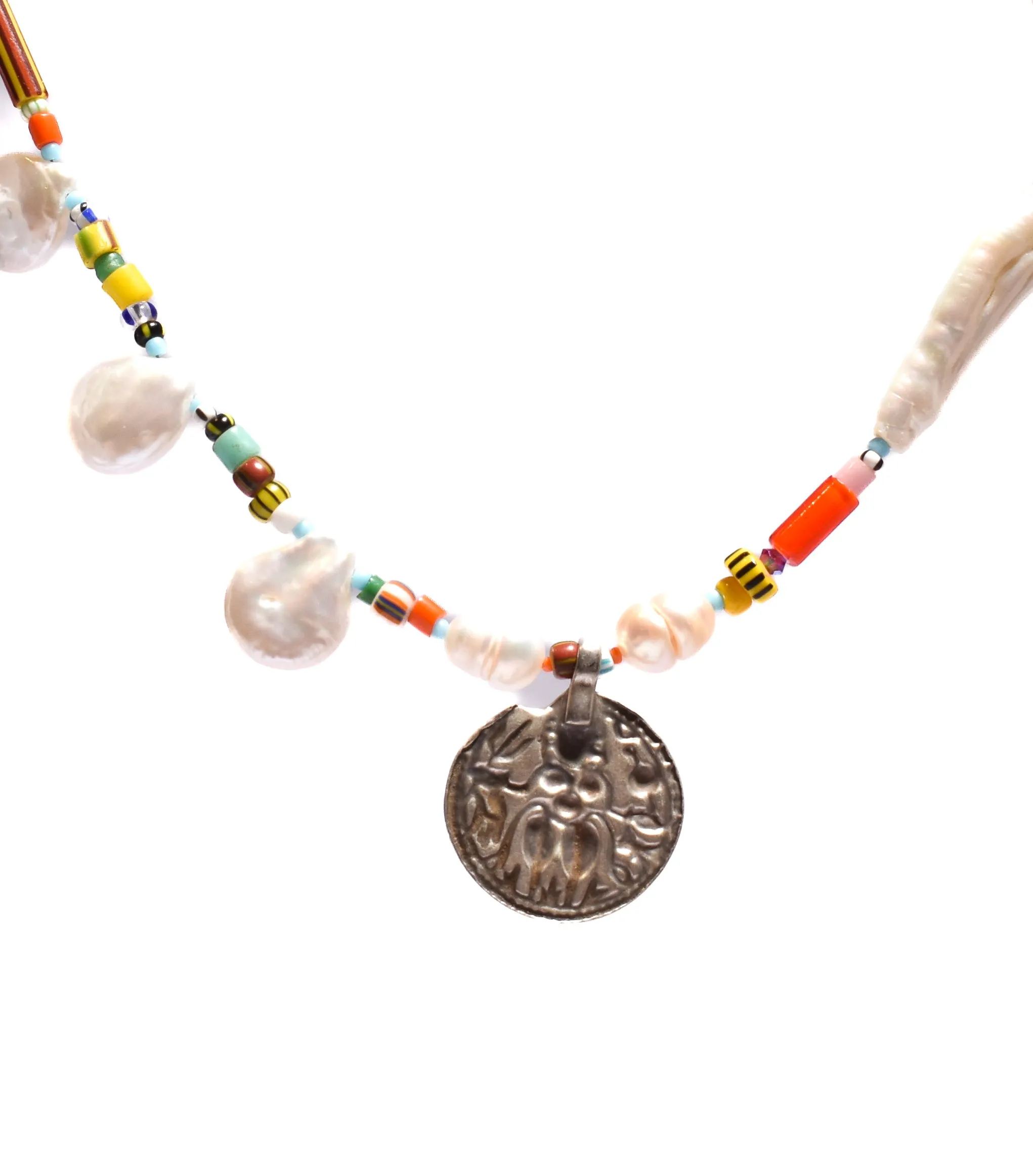 Baroque Pearls & European/African Trade Bead • Hand strung Necklace