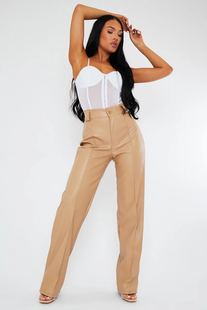 Beige Pleated Straight Leg PU Leather Trousers - Jaymi