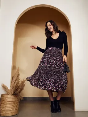 Berrylush Women Black & Purple Animal Printed High-Rise Waist Slip-On Pleated A-Line Midi Skirt