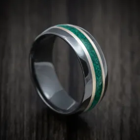 Black Titanium Men's Ring with Silver and Malachite Inlays Custom Made Band