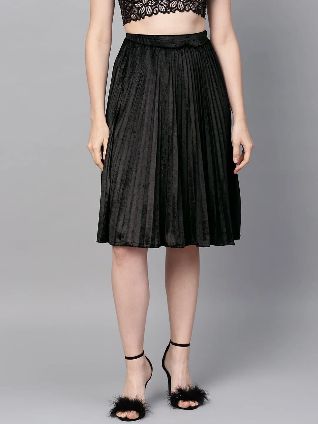 Black Velvet Pleated Skirt