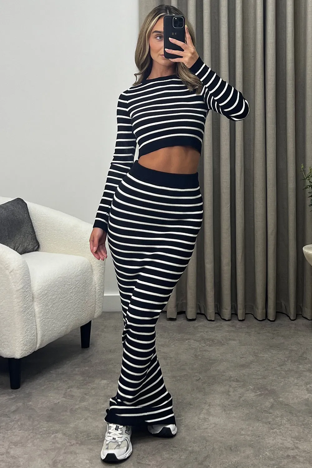 Blaine Black and White Stripe Crop Top and Maxi Skirt Knitted Co-Ord Set