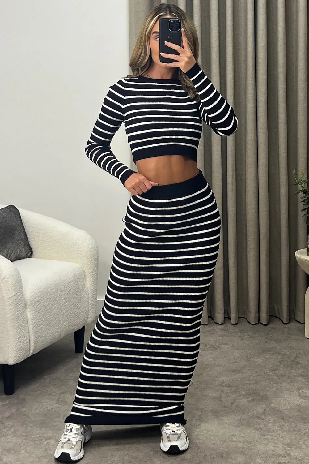 Blaine Black and White Stripe Crop Top and Maxi Skirt Knitted Co-Ord Set