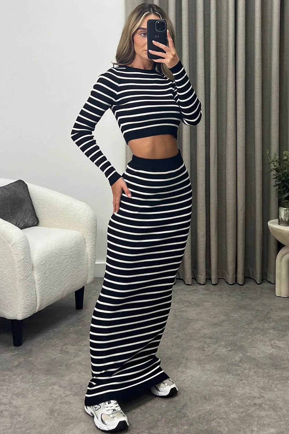 Blaine Black and White Stripe Crop Top and Maxi Skirt Knitted Co-Ord Set