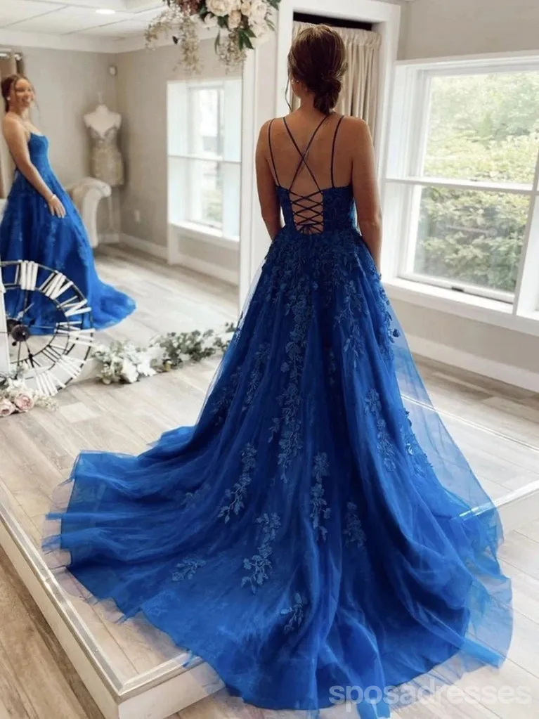 Blue A-line Spaghetti Straps Backless Long Prom Dresses Online,12736