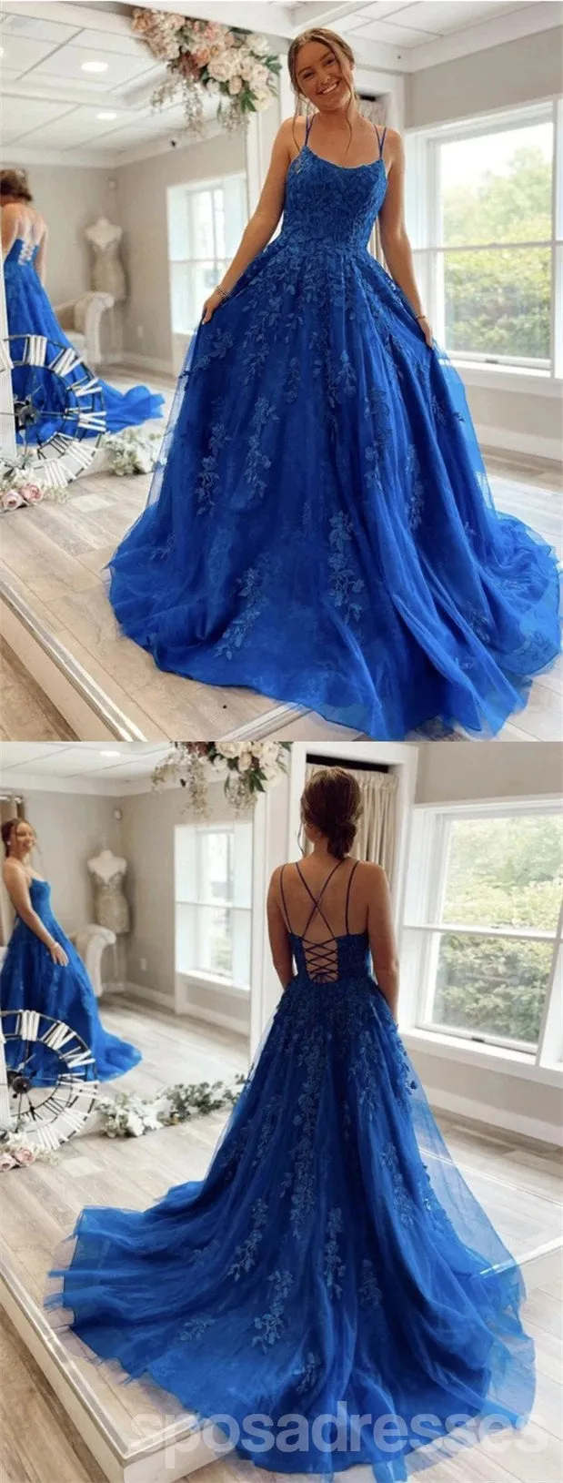 Blue A-line Spaghetti Straps Backless Long Prom Dresses Online,12736