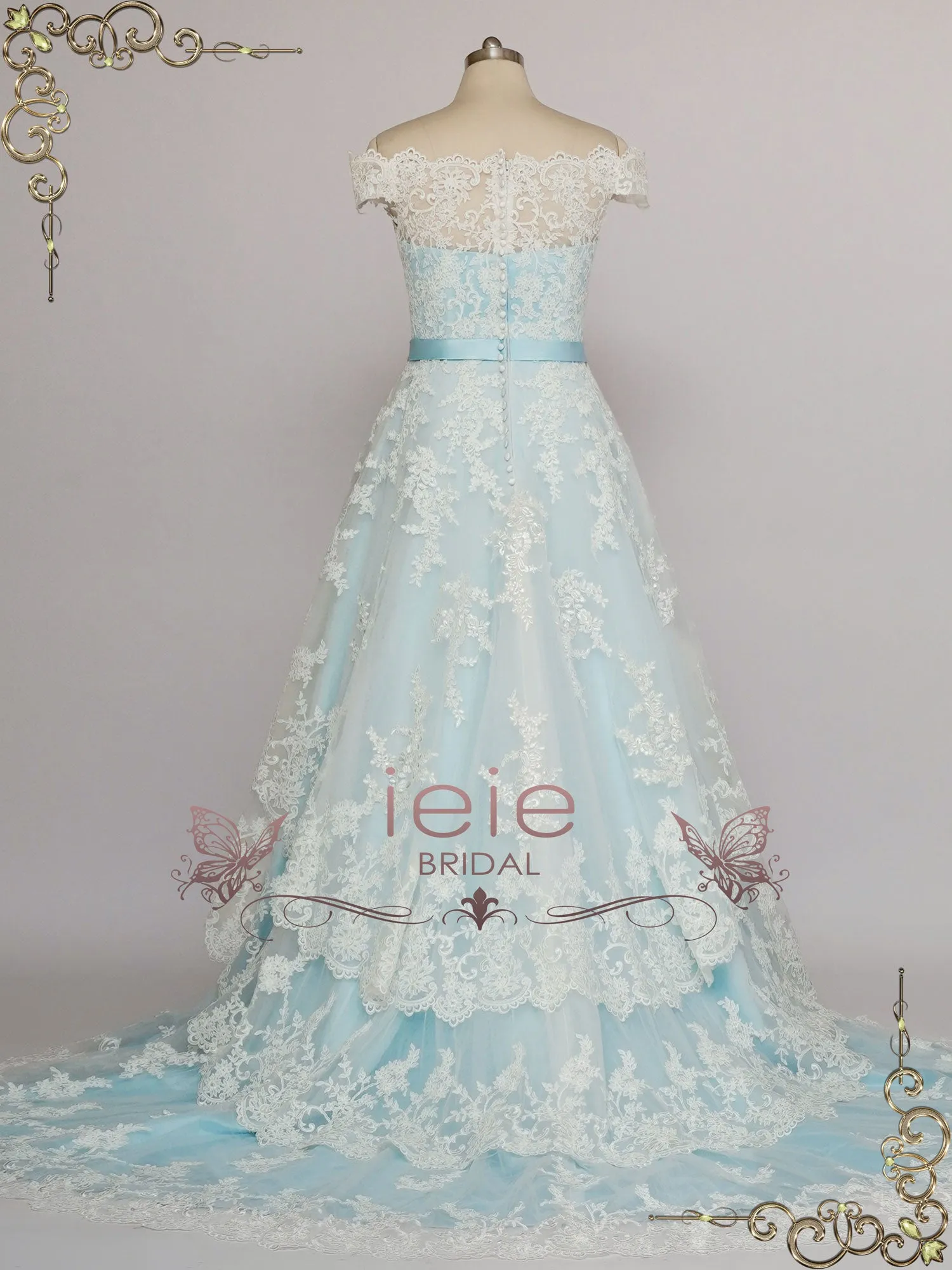 Blue Lace Wedding Dress with Tiered Lace Skirt MADELYN