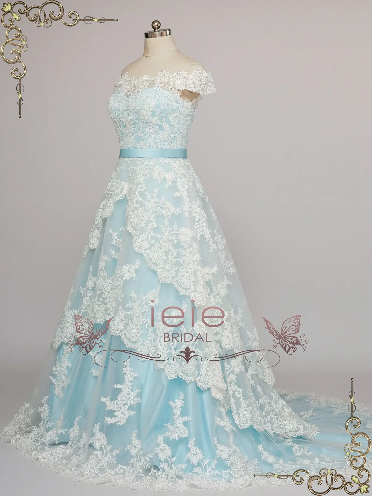 Blue Lace Wedding Dress with Tiered Lace Skirt MADELYN