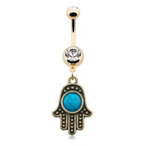 Boho Turquoise Hamsa Navel Ring with Gold Plating