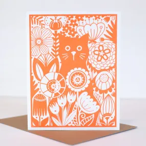 Cat in the Garden art card, blank greeting card for any occasion, scandinavian flower card, cat greeting card