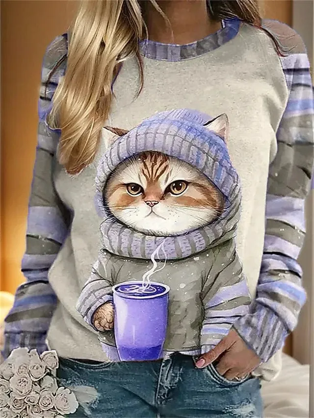 Cat Print Women's Sweatshirt Pullover for Fall & Winter