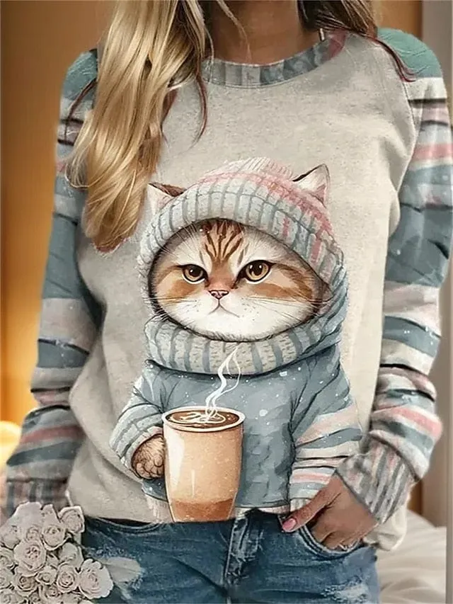 Cat Print Women's Sweatshirt Pullover for Fall & Winter