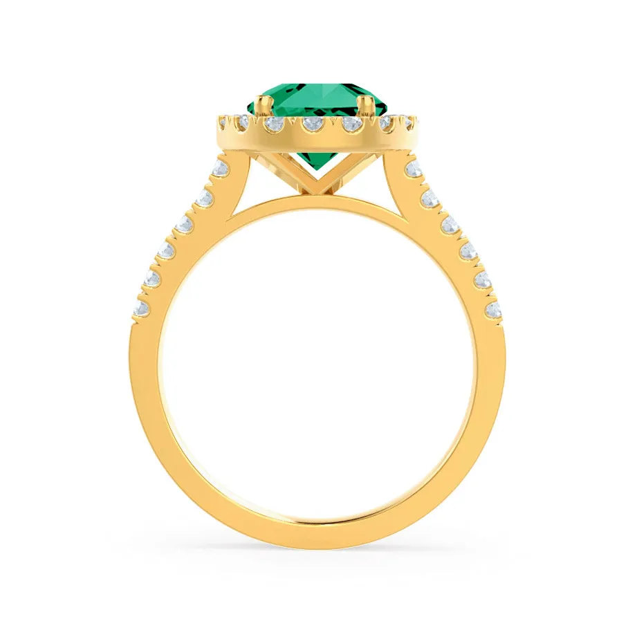 CECILY - Chatham® Lab Grown Emerald & Diamond 18k Yellow Gold Halo Ring