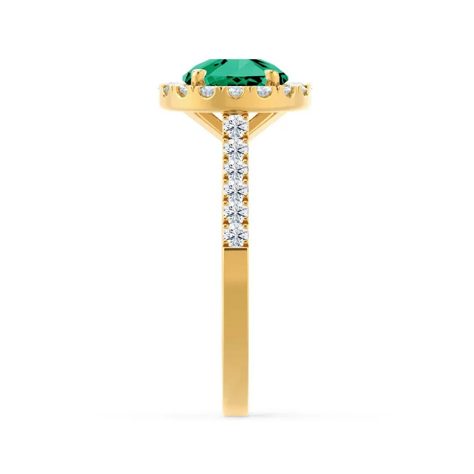 CECILY - Chatham® Lab Grown Emerald & Diamond 18k Yellow Gold Halo Ring