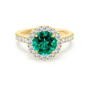 CECILY - Chatham® Lab Grown Emerald & Diamond 18k Yellow Gold Halo Ring