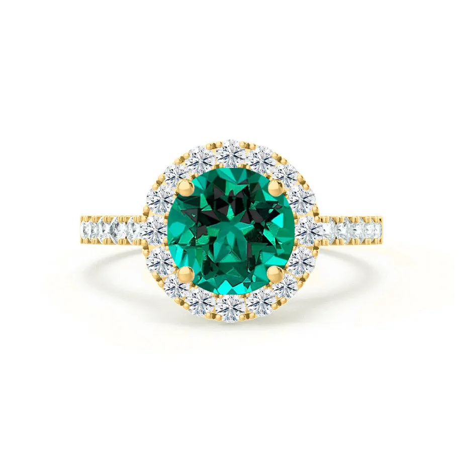 CECILY - Chatham® Lab Grown Emerald & Diamond 18k Yellow Gold Halo Ring