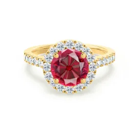 CECILY - Chatham® Lab Grown Red Ruby & Diamond 18k Yellow Gold Halo Ring