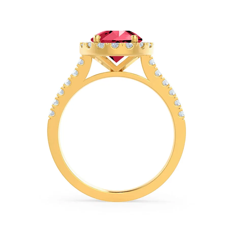 CECILY - Chatham® Lab Grown Red Ruby & Diamond 18k Yellow Gold Halo Ring