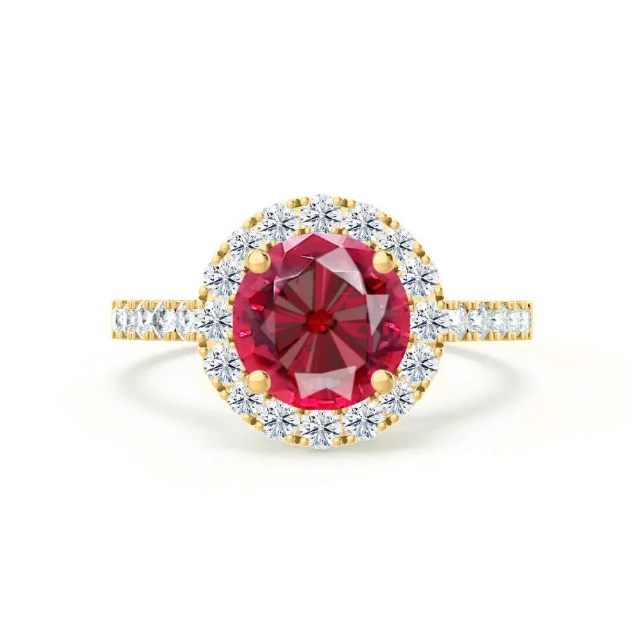 CECILY - Chatham® Lab Grown Red Ruby & Diamond 18k Yellow Gold Halo Ring