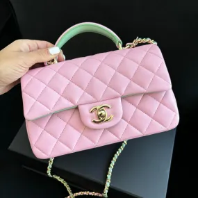 Chanel Mini Top Handle Pink Green Lambskin