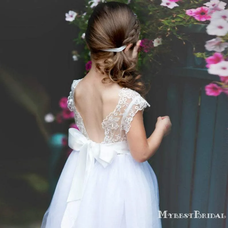 Charming Round Neck Cap Sleeve Tulle Long A-line Cheap Flower Girl Dresses, FGS0014