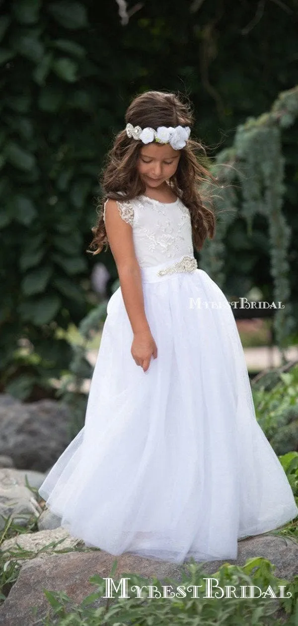 Charming Round Neck Cap Sleeve Tulle Long A-line Cheap Flower Girl Dresses, FGS0014