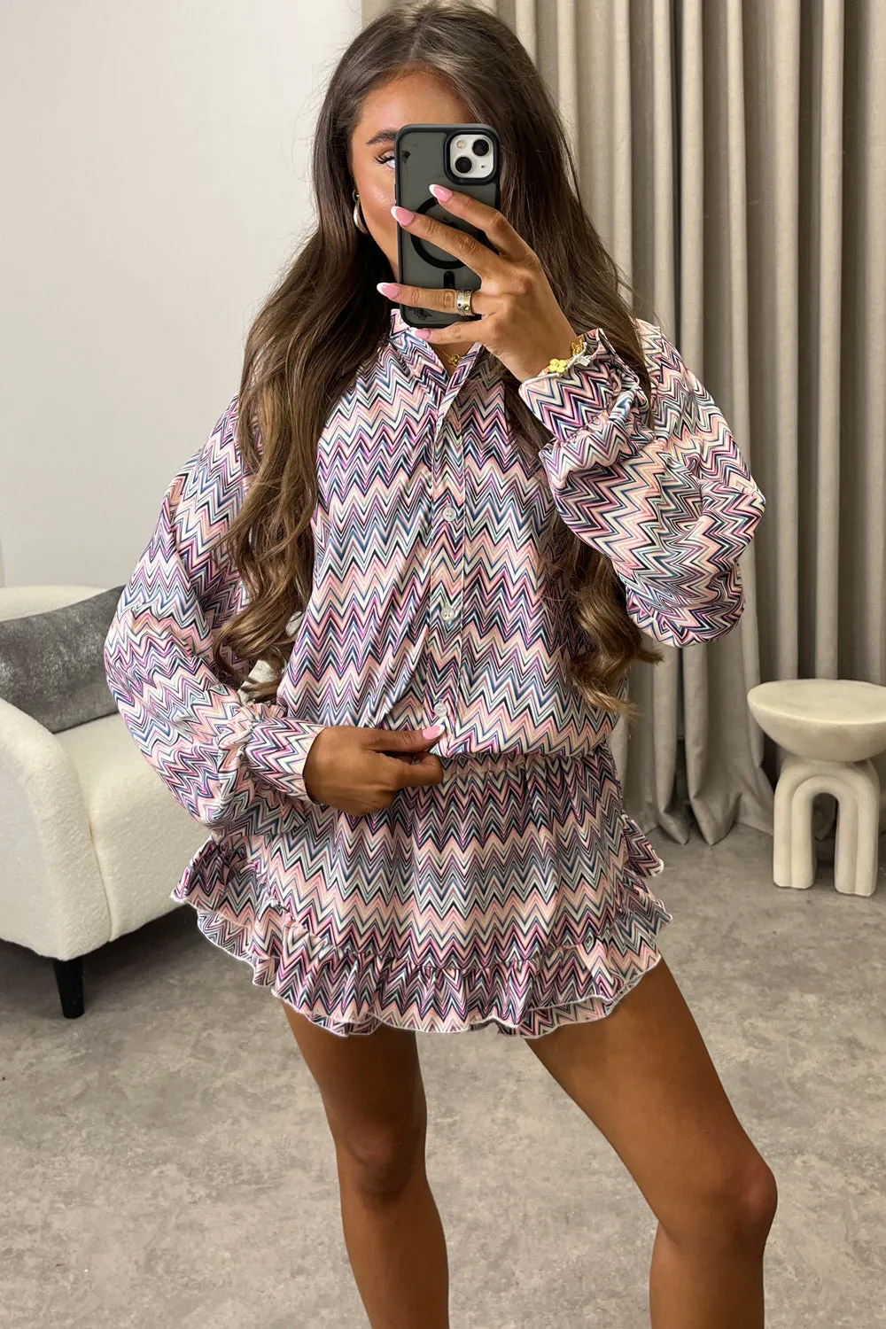 Colbie Purple Multi Zig Zag Print Shirt and Tiered Frill Skort Co-Ord Set